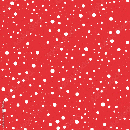White polka dots seamless pattern on red background. Great classic white polka dots textile pattern in restrained colours. Seamless scattered confetti fall chaotic decor. Vector illustration.