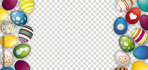 Banner mit bunten Ostereiern auf kariertem Hintergrund