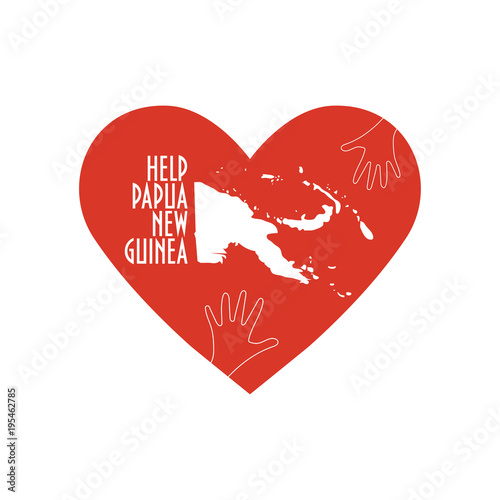 Vector Illustration: helping hands, heart and Papua New Guinea map silhouette. Great as donate, love or helping hand icon. Support for volunteering work and relief after Earthquake in Papua New Guinea