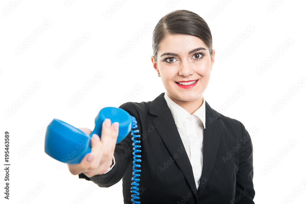 Beautiful stewardess handing big blue telephone receiver Beautiful stewardess handing big blue telephone receiver