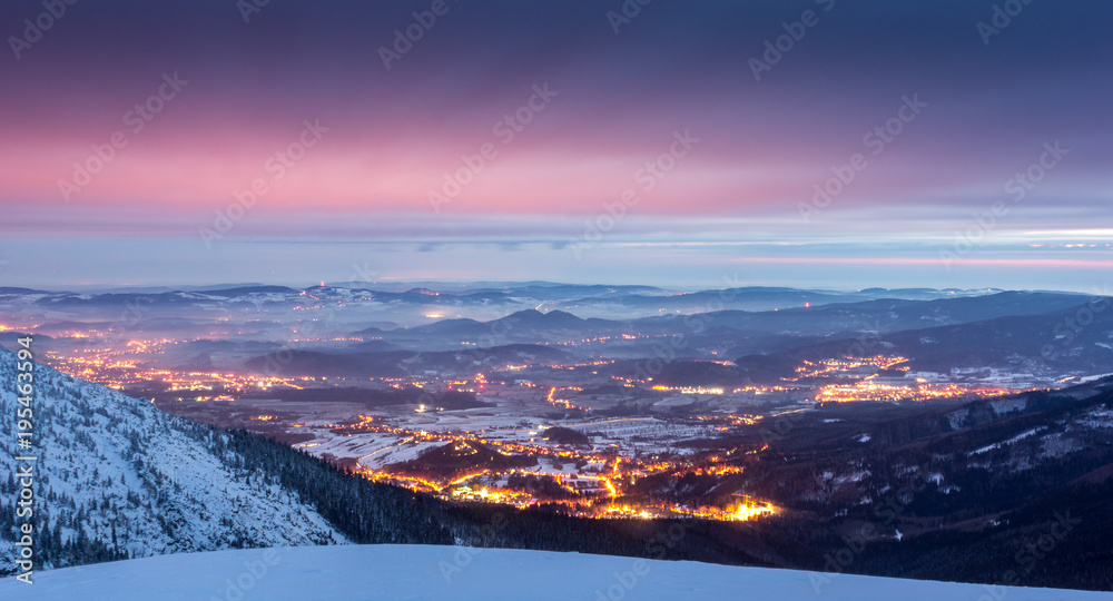 Jeleniogorska Valley from Karkonosze mountains at night, Silesia, Poland