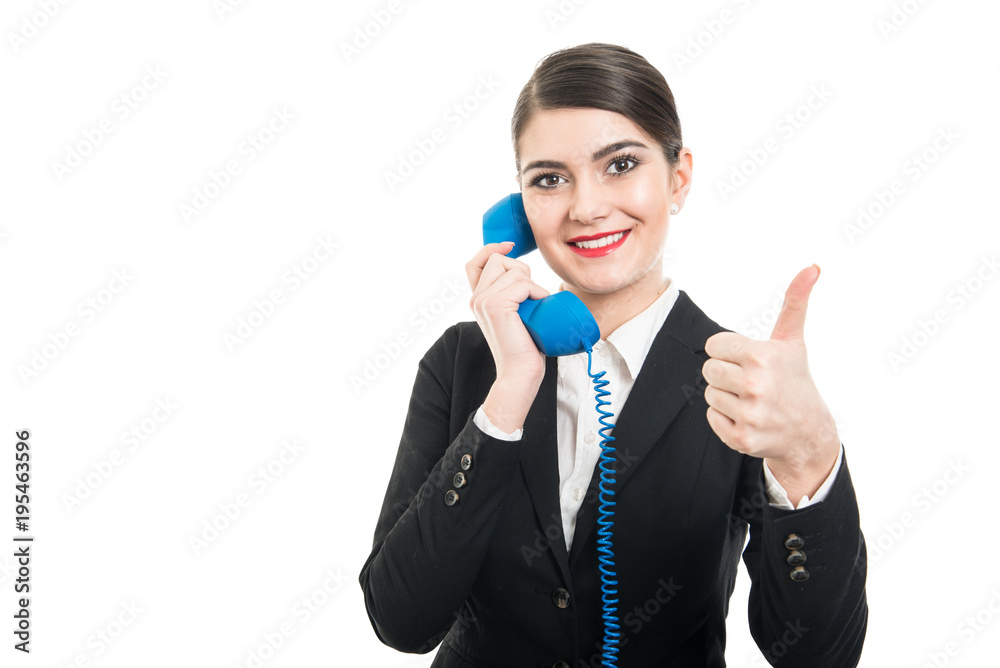 Beautiful stewardess talking at big blue receiver showing like Beautiful stewardess talking at big blue receiver showing like