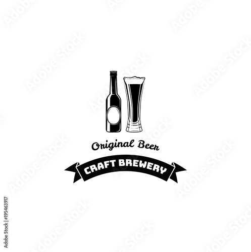 Beer Bottle And Glass. Craft Beer lettering, Ribbon. Vector illustration. Menu design.