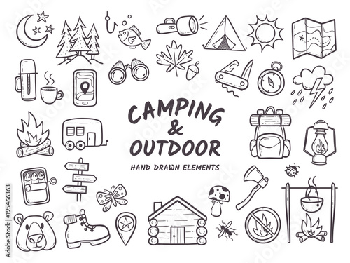 Hand drawn camping and hiking elements, isolated on white background. Cute background full of icons perfect for summer camp flyers and posters. Outlined vector illustration.