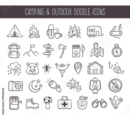 Camping and outdoor recreation doodle icons set. Cute hand drawn elements. Outlined icons isolated on white background. Vector illustration.