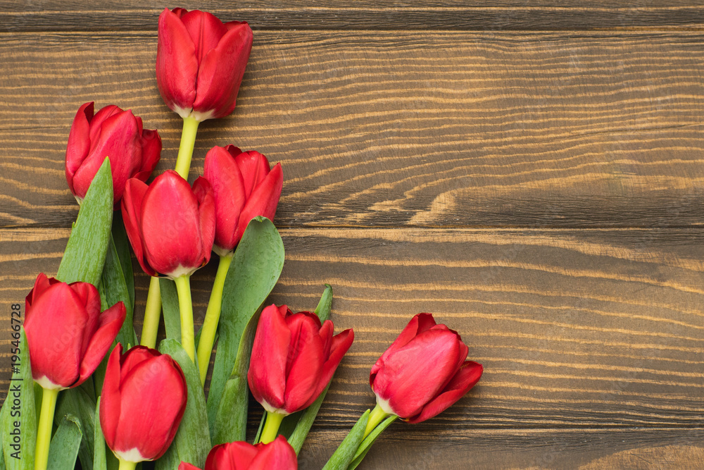 Row of tulips on wooden background with space for message. Mother's Day background. Row of tulips on wooden background with space for message. Mother's Day background.