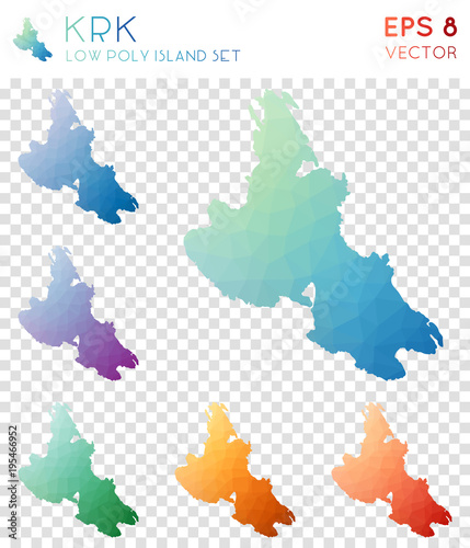 Krk geometric polygonal maps, mosaic style island collection. Appealing low poly style, modern design. Krk polygonal maps for infographics or presentation.