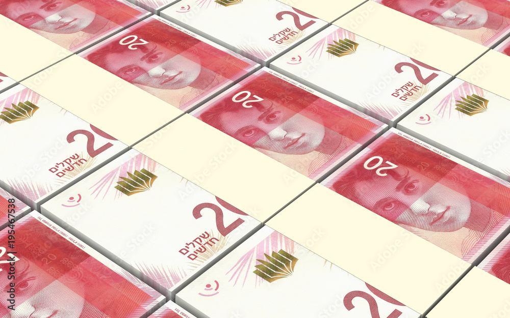 Israeli Shekel bills stacked background. 3D illustration.