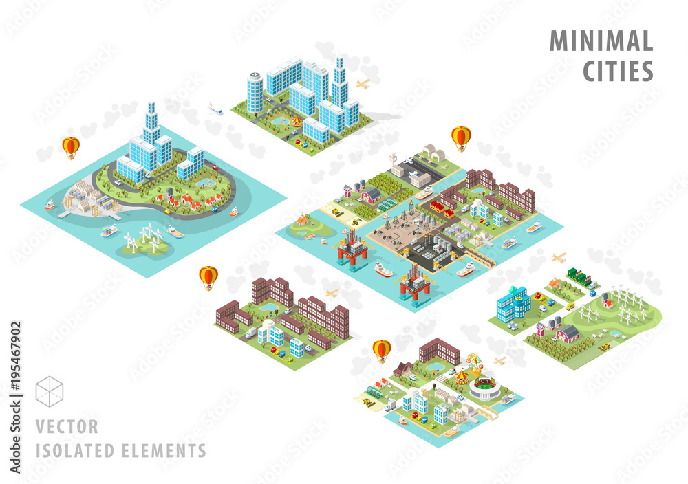 Set of Isolated Isometric Minimal City Maps. Elements with Shadows on White Background