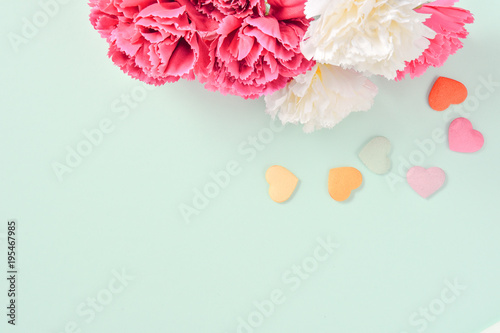 May Mother's Day Carnation Bunch of Flowers Bouquet Top View, Blank for Text, Blue Green 