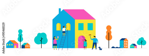 Fototapeta Naklejka Na Ścianę i Meble -  Family is painting home, concept design. Summer outdoor scene with colorful minimalistic flat vector illustration