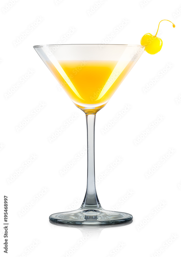 Mimosa cocktail in martini glass with yellow cherry isolated on white background with clipping path