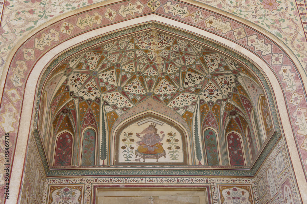 North India, District Jaipur, in the courtyard of Fort Amber, murals