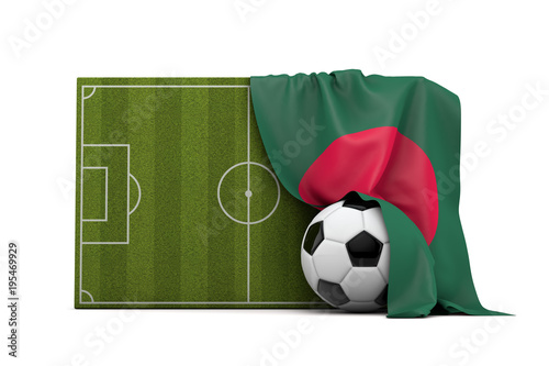 Bangladesh country flag draped over a football soccer pitch and ball. 3D Rendering © ink drop