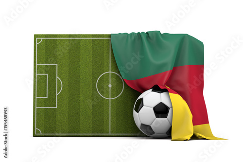 Cameroon country flag draped over a football soccer pitch and ball. 3D Rendering © ink drop