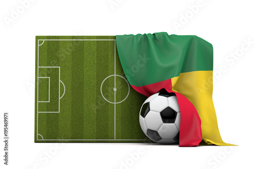 Benin country flag draped over a football soccer pitch and ball. 3D Rendering © ink drop
