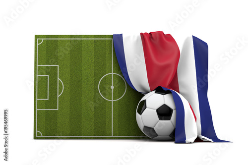 Costa Rica country flag draped over a football soccer pitch and ball. 3D Rendering © ink drop