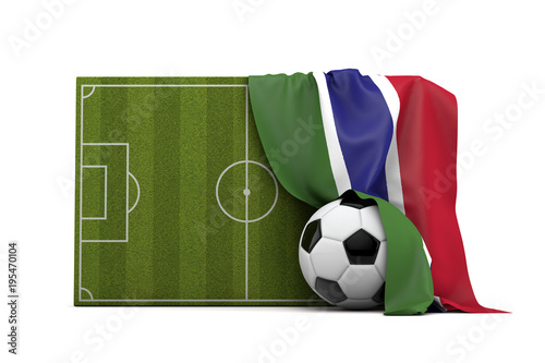 Gambia country flag draped over a football soccer pitch and ball. 3D Rendering © ink drop