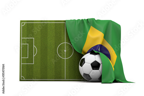 Brazil country flag draped over a football soccer pitch and ball. 3D Rendering © ink drop