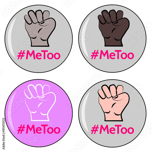 Collection of round MeToo hashtag badges with fist symbols symbolizing different nationalities and diversity Anti sexism protest against inappropriate behavior towards women - vector drawings isolated