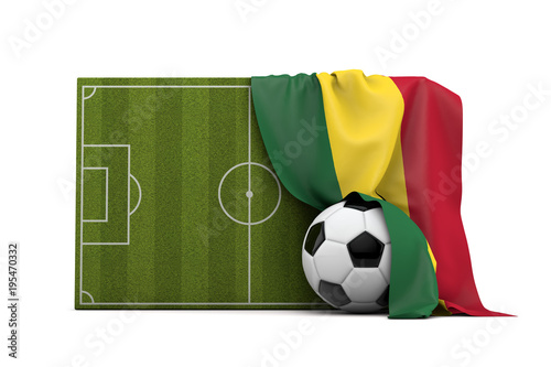 Ghana country flag draped over a football soccer pitch and ball. 3D Rendering © ink drop