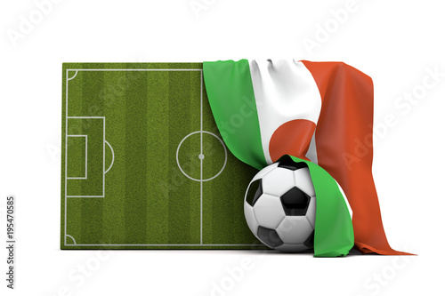 Niger country flag draped over a football soccer pitch and ball. 3D Rendering © ink drop