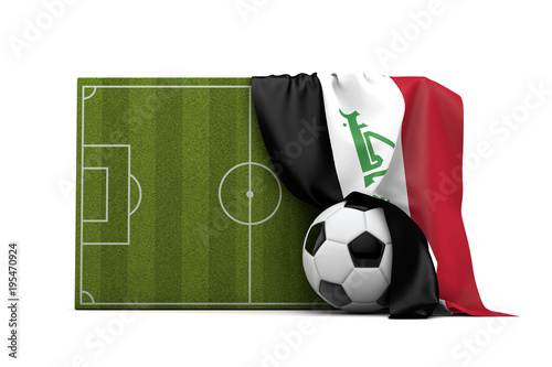 Iraq country flag draped over a football soccer pitch and ball. 3D Rendering © ink drop