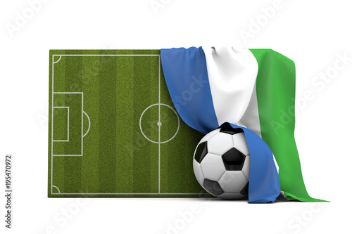 Sierra Leone country flag draped over a football soccer pitch and ball. 3D Rendering © ink drop