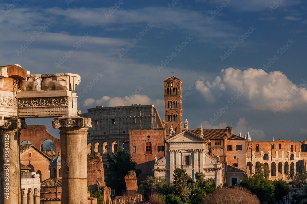 View of the Roman Forum and Coliseum at sunset