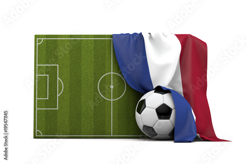 Netherlands country flag draped over a football soccer pitch and ball. 3D Rendering © ink drop