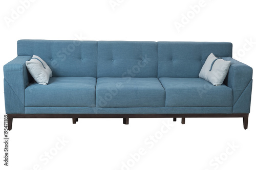 Three seats cozy modern designed sofa  with turquoise color fabric and light blue pillows isolated on white background