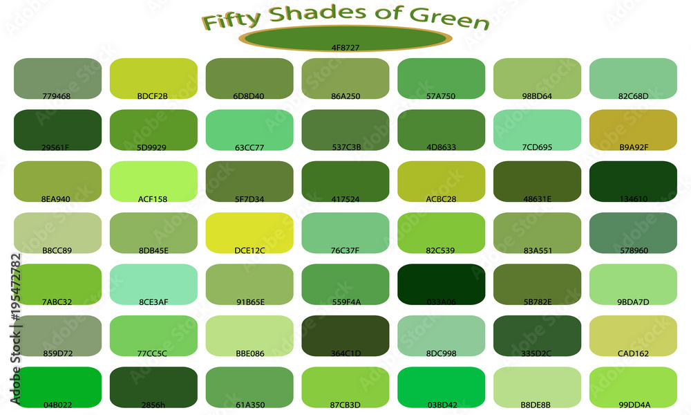 50 shades of green color isolated on white background. Green tones and  shades. Color backgrounds with codes. Vector illustration of palette. Stock  Vector