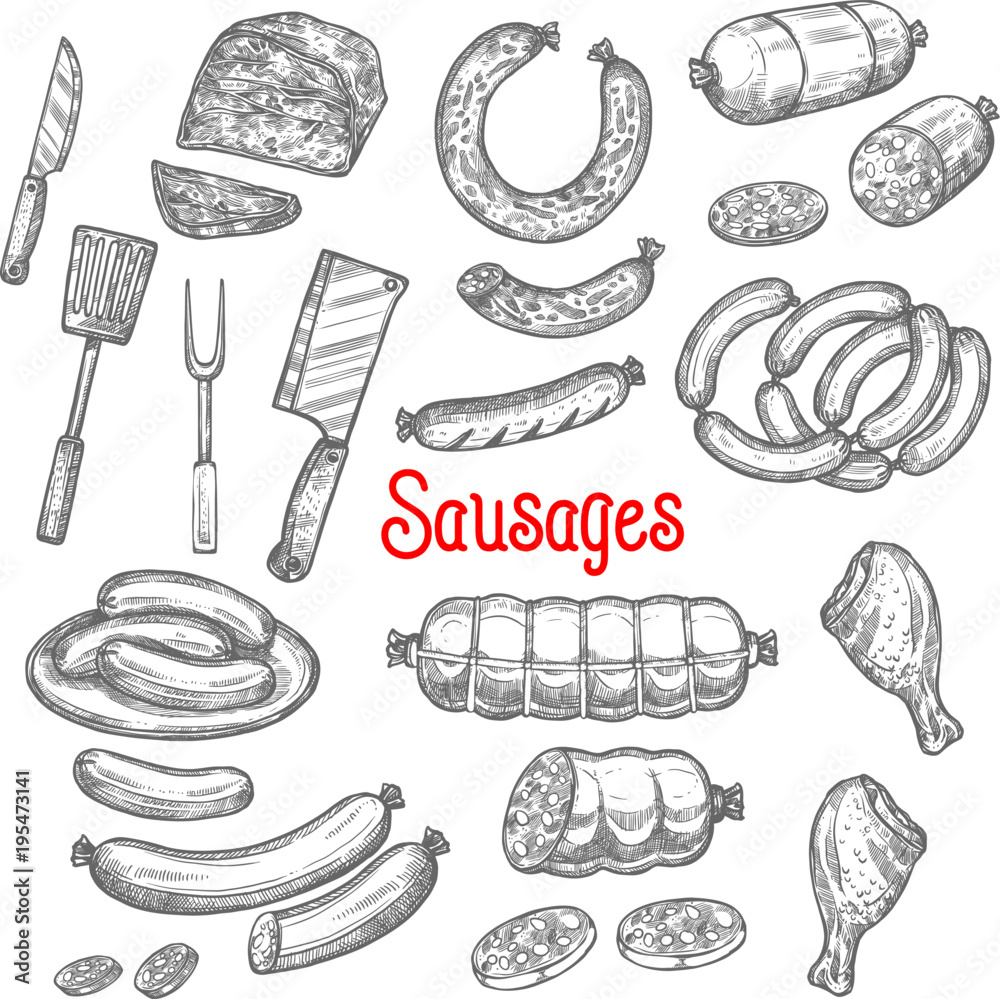 Vector sketch meat sausage products icons set - obrazy, fototapety, plakaty 