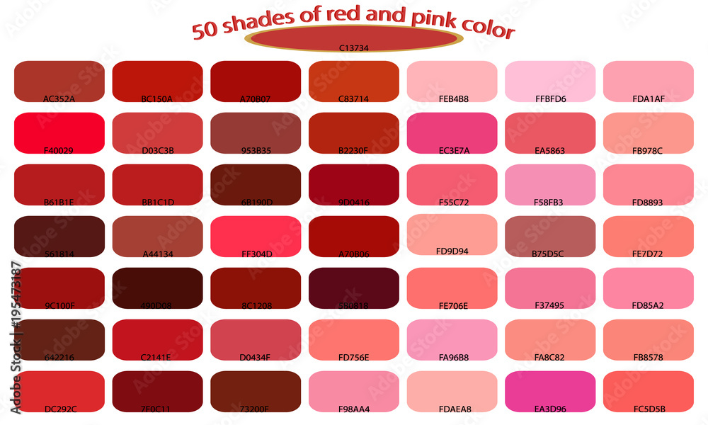 50 shades of red pink colors isolated on white background. Red and pink  tones and shades. Color backgrounds with codes. Vector illustration of  palette. Stock Vector | Adobe Stock