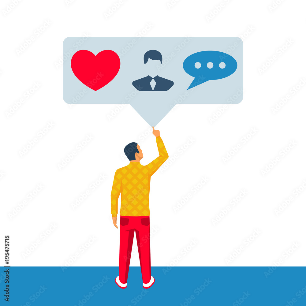 Social media bubble. Young man in a social network. Friends likes and comments. Vector illustration flat design. Isolated on white background. Microblogging concept. Lifestyle modern. Social media bubble. Young man in a social network. Friends likes and comments. Vector illustration flat design. Isolated on white background. Microblogging concept. Lifestyle modern.