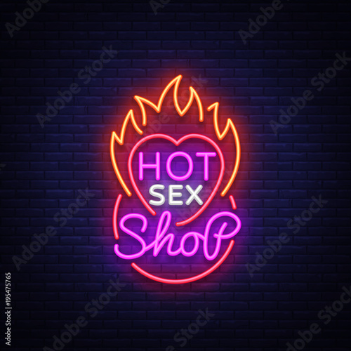 Sex shop logo in neon style. Design Pattern, Hot Sex Shop Neon sign, Light banner on the theme of the sex industry, Bright neon advertising for your projects. Vector illustration