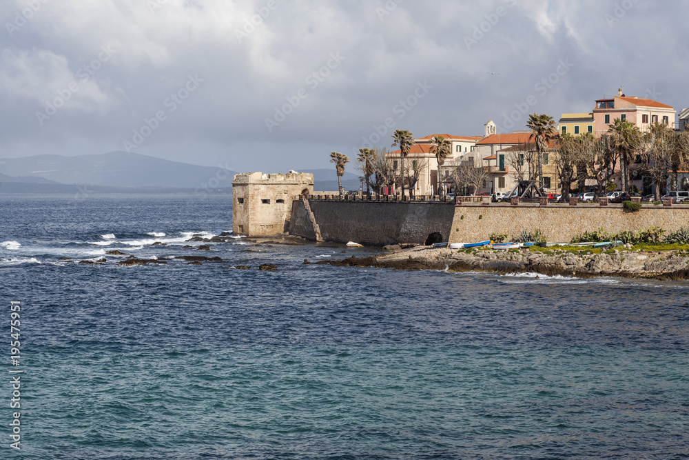 Maritime promenade,walls and sea view in Alghero,Sardinia, Italy.