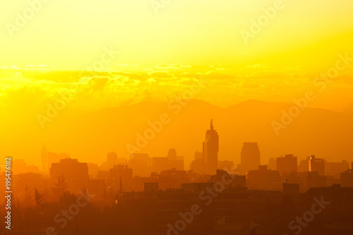 Silhouetted skyline of downtown at sunset, Santiago, Chile
