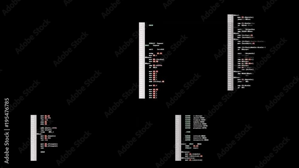 A source code scrolling animation (assembler instructions). Overlay it on your footage for a retro futuristic sci-fi Terminator vision fx.
