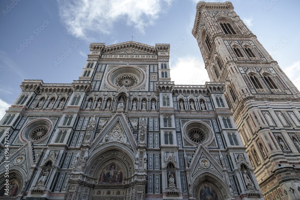 Iconic monument, religious building, Cathedral, Cattedrale di Santa Maria del Fiore, Duomo, and bell tower, Campanile.Tuscany, Italy.