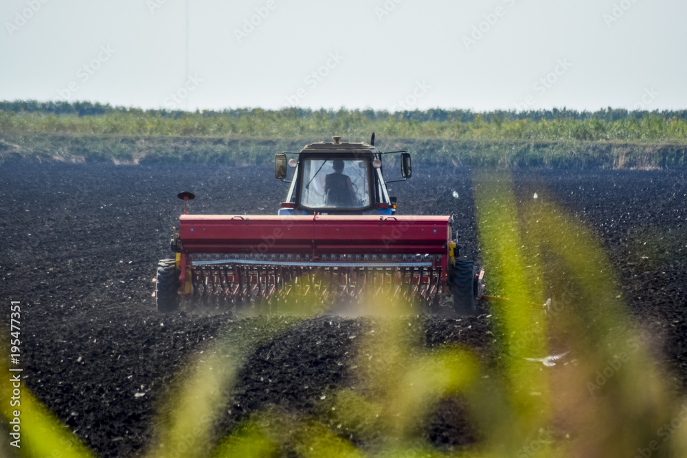 Fototapeta premium Tractor. Agricultural machinery tractor. Tractor with a seeder in the field. sowing seeds in the soil.