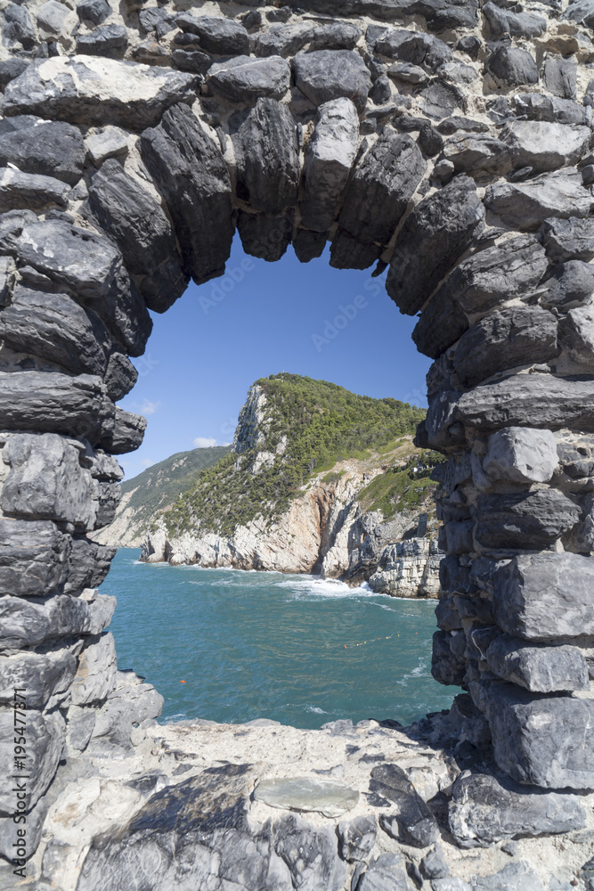 Lord Byron grotto, ancient stone walls,window and mediterranean view,Portovenere,Italy.
