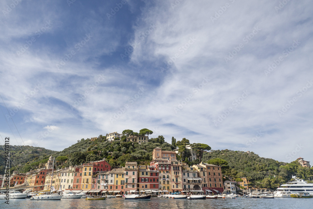 Maritime view of famous village in ligurian coast.Portofino, Italy.