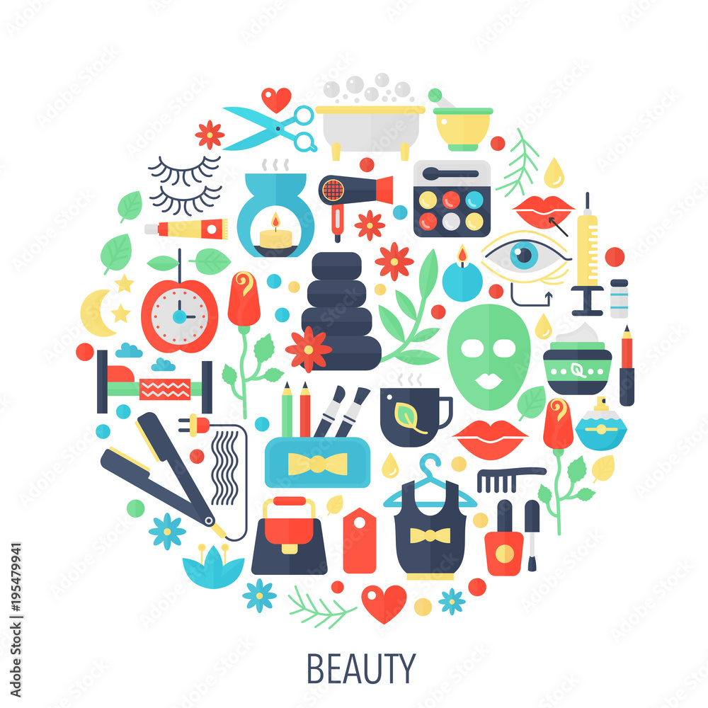 Beauty cosmetics flat infographics icons in circle - color concept illustration for woman beauty cover, emblem, template.