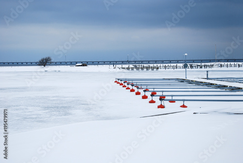 Ice covered small boat harbor