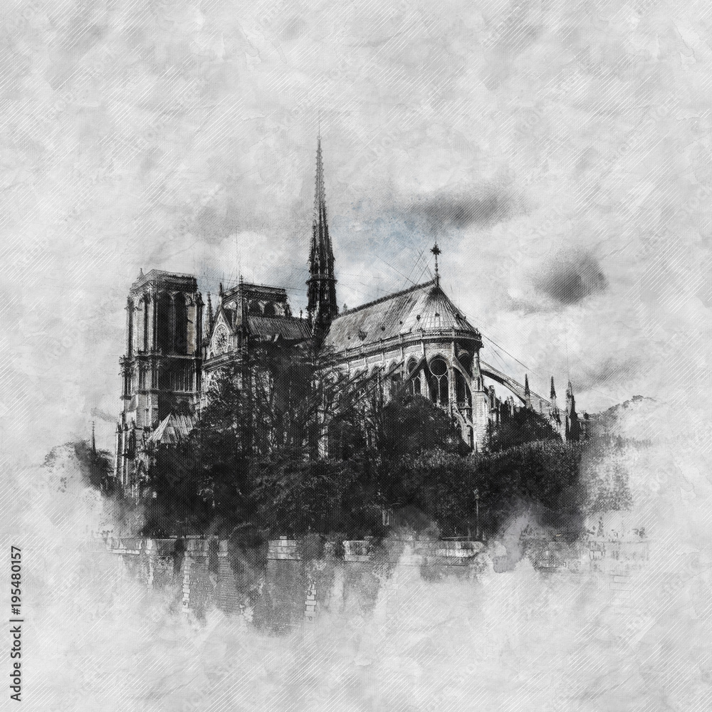Hand drawn monochrome sketch of Notre Dame, Paris