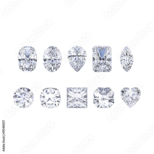 3D illustration isolates ten different white gemstones diamonds