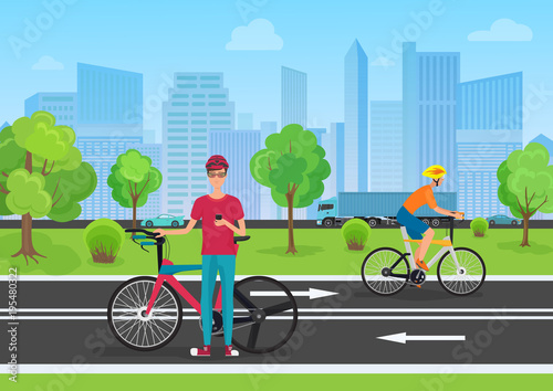 Vector illustration of cyclists in the park. Man cyclist using his phone. Cyclists walking in the city park.