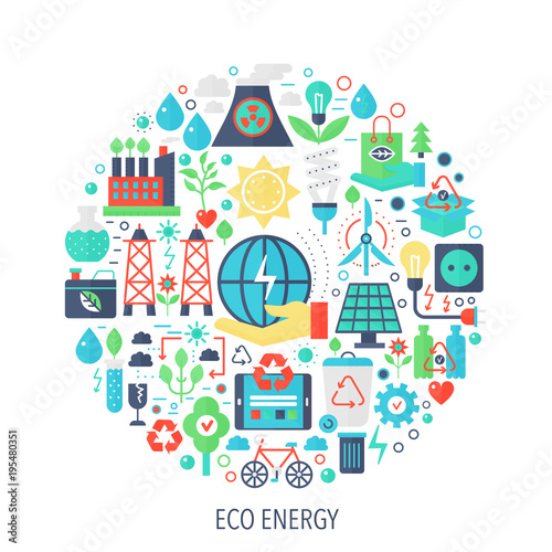 Eco green energy flat infographics icons in circle - color concept illustration for renewable energy cover, emblem, template.