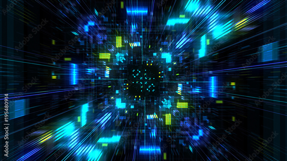 Obraz premium Abstrakcjonistyczny futurystyczny sci fi osnowy tunel z cząsteczki siatką. Grafika dla centrum danych, serwera, Internetu, prędkości. Futurystyczna wizualizacja dużych danych, hi tech background. Renderowanie 3D.